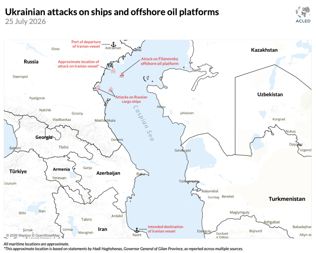A map showing Ukrainian attacks on ships and offshore oil platforms on 25th July, 2026 in the Caspian Sea.