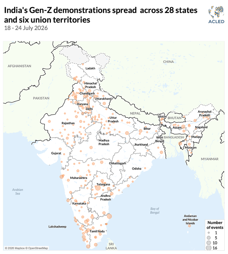 A map showing the spread of India's Cockroach Janta Party demonstrations across 28 states of India.