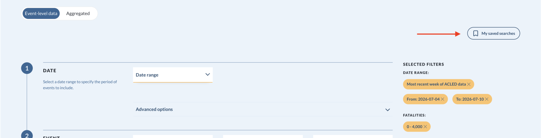 View "My saved searches" on ACLED's Data Export Tool