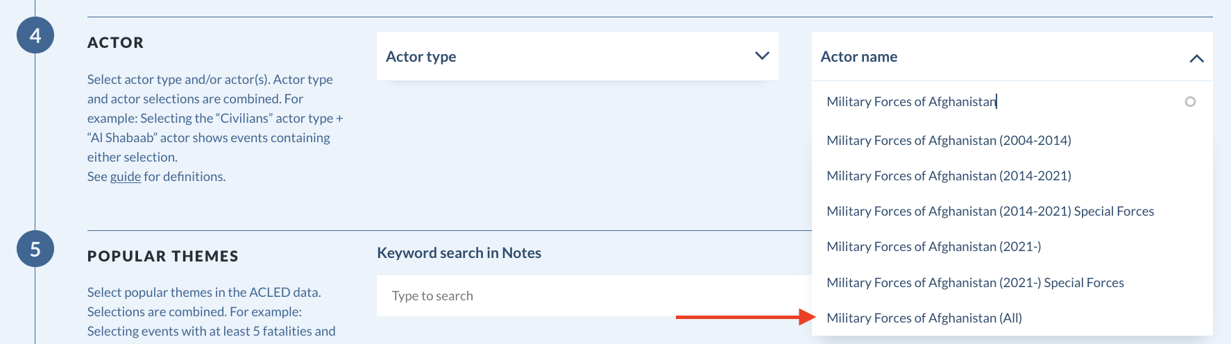 Search for military actor names in ACLED's Data Export Tool