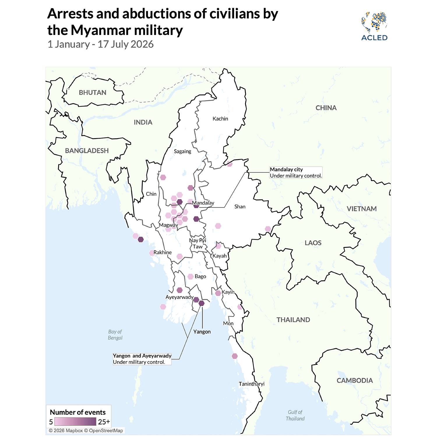 Map - Arrests and abductions of civilians by the Myanmar military 1 January - 17 July 2026