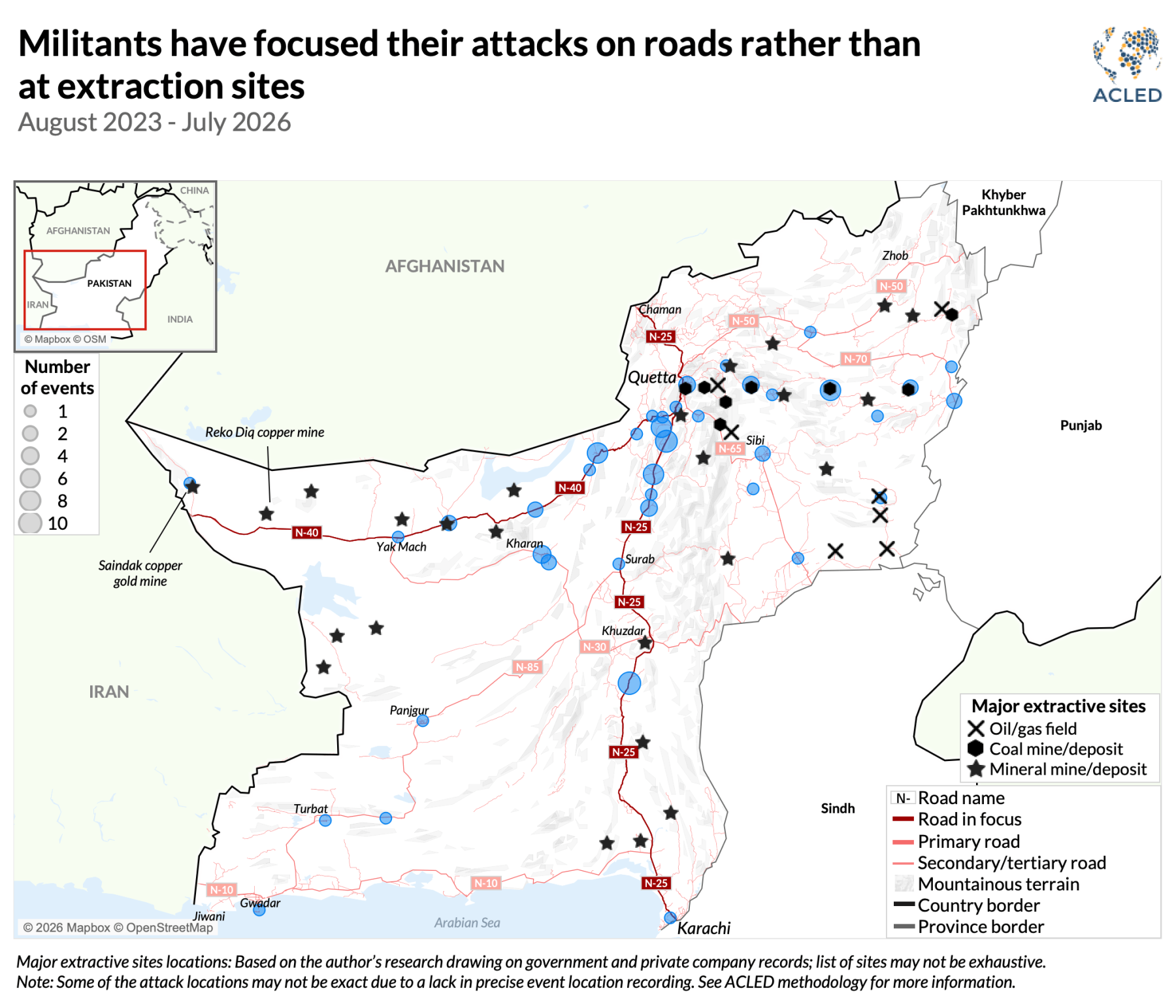 Map - Militants have focused their attacks on roads rather than at extraction sites August 2023 - July 2026