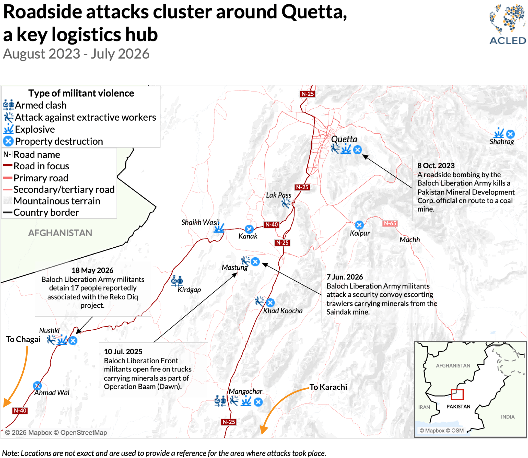 Map - Roadside attacks cluster around Quetta, a key logistics hub August 2023 - July 2026