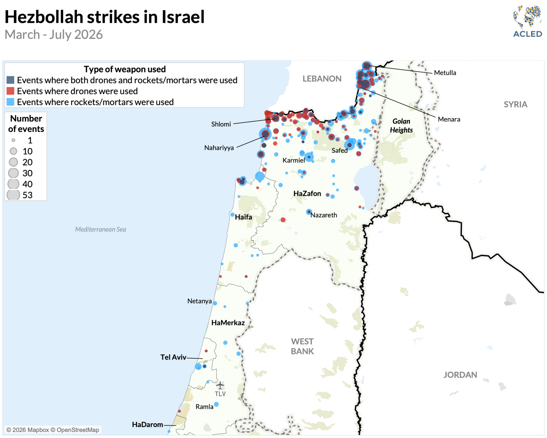 Map - Hezbollah strikes in Israel March - July 2026