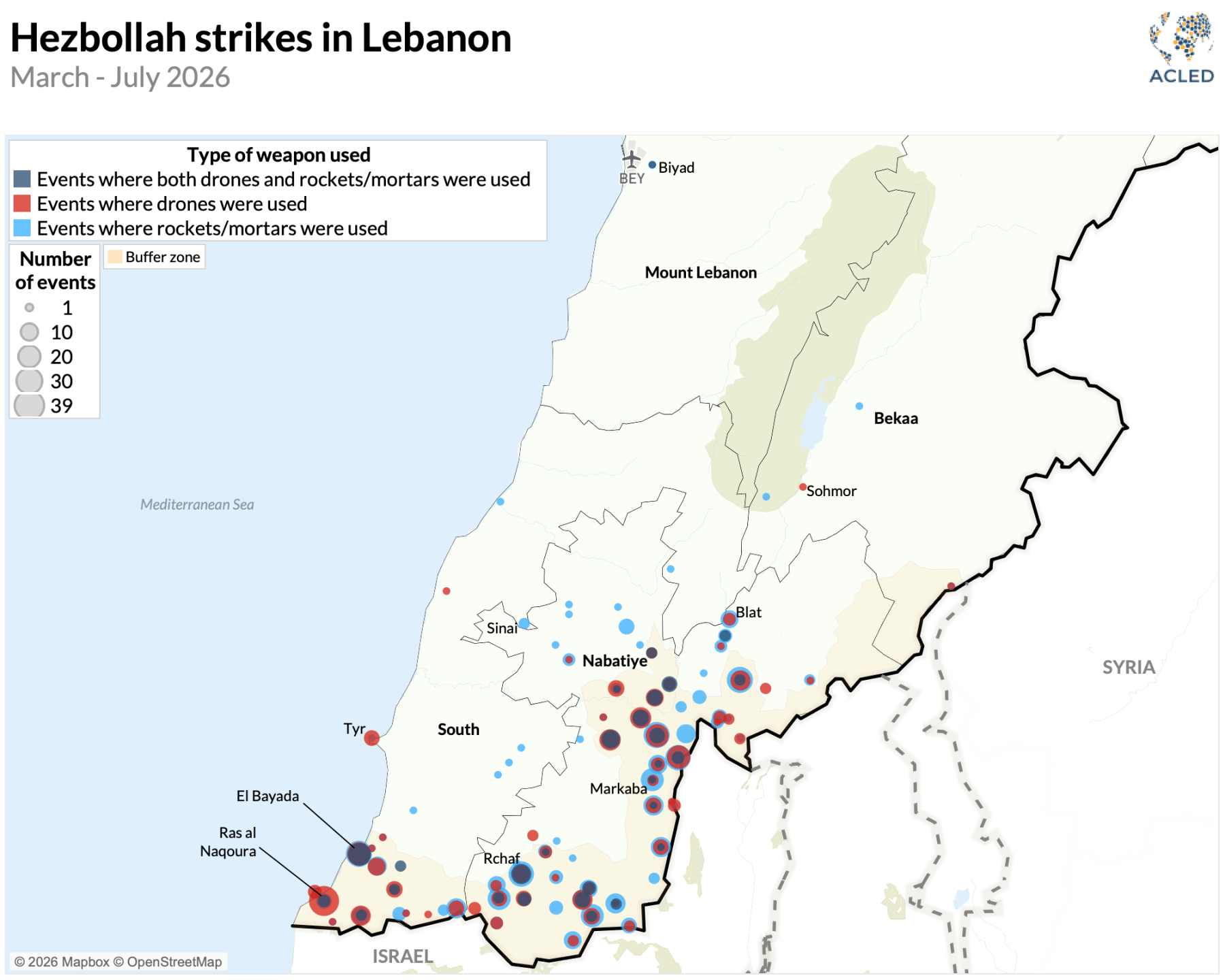 Map - Hezbollah strikes in Lebanon March - July 2026