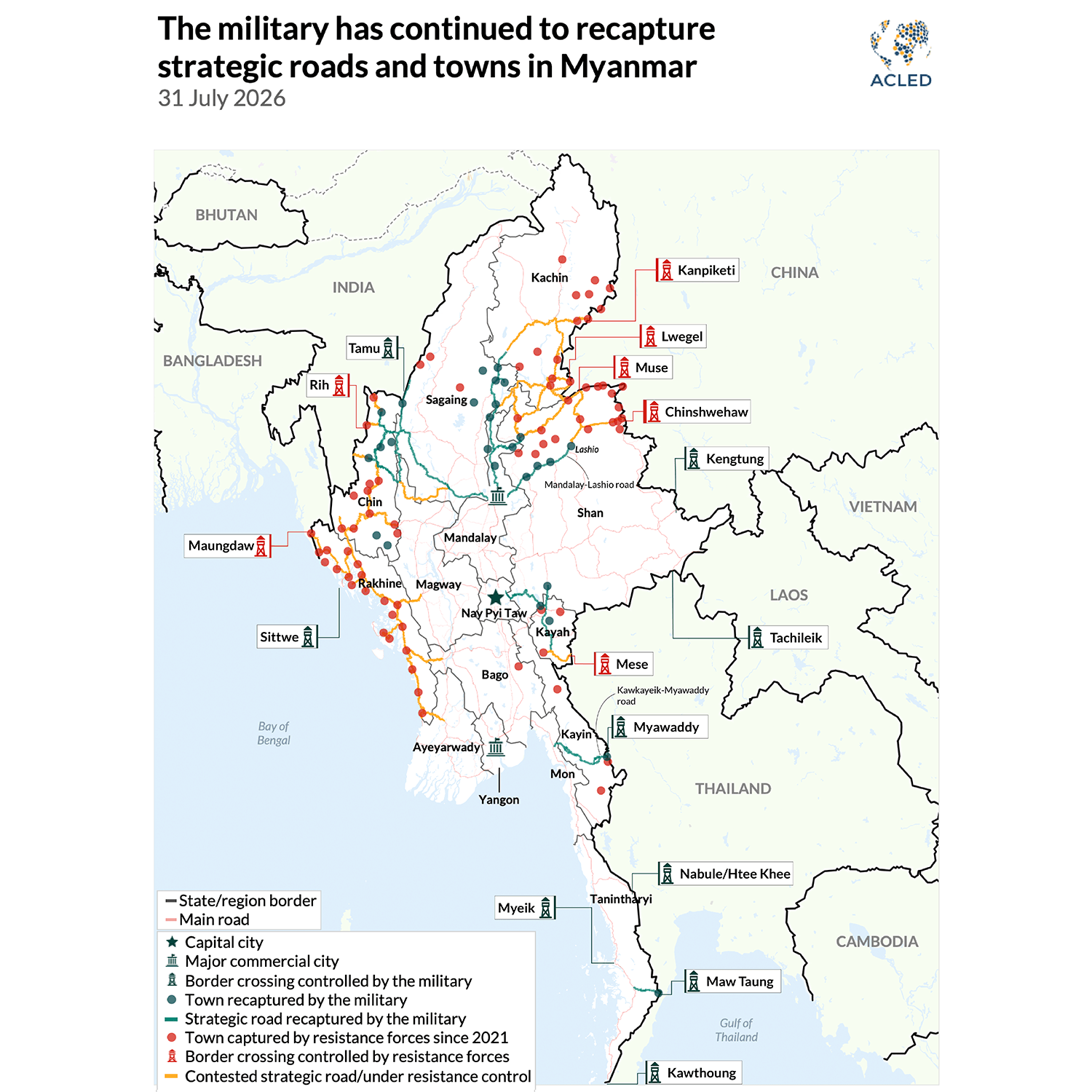 Map - The military has continued to recapture strategic roads and towns in Myanmar 31 July 2026