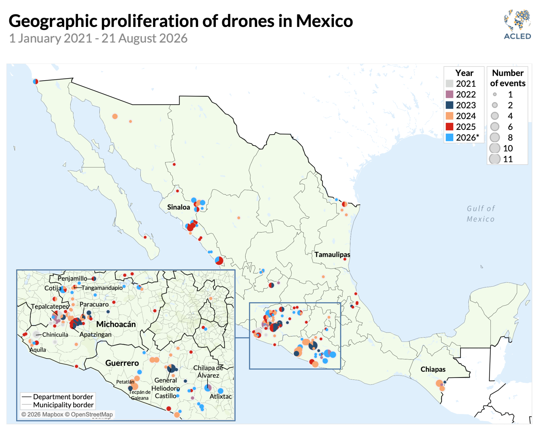 map showing proliferation of incidents involving drones in Mexo, 2021-2026