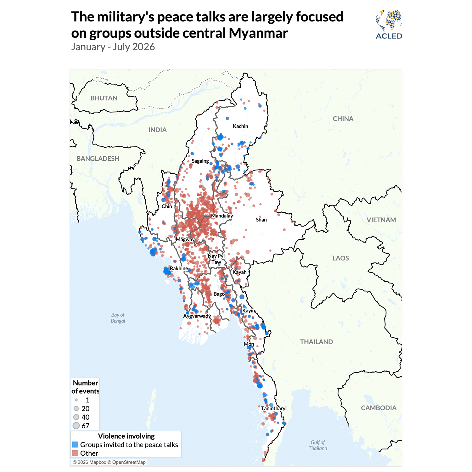 Map - The military's peace talks are largely focused on groups outside central Myanmar January - July 2026