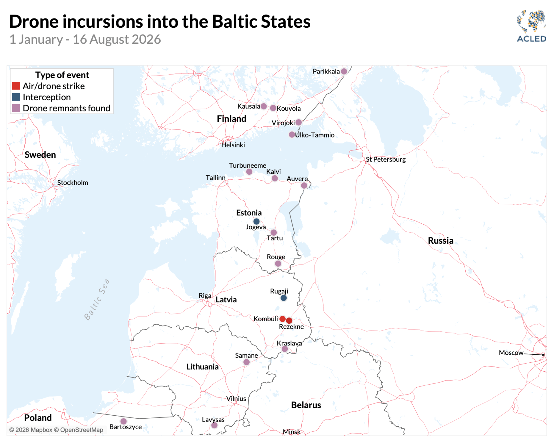 Map showing drone incurcsion events in Baltic states. January - August 2026