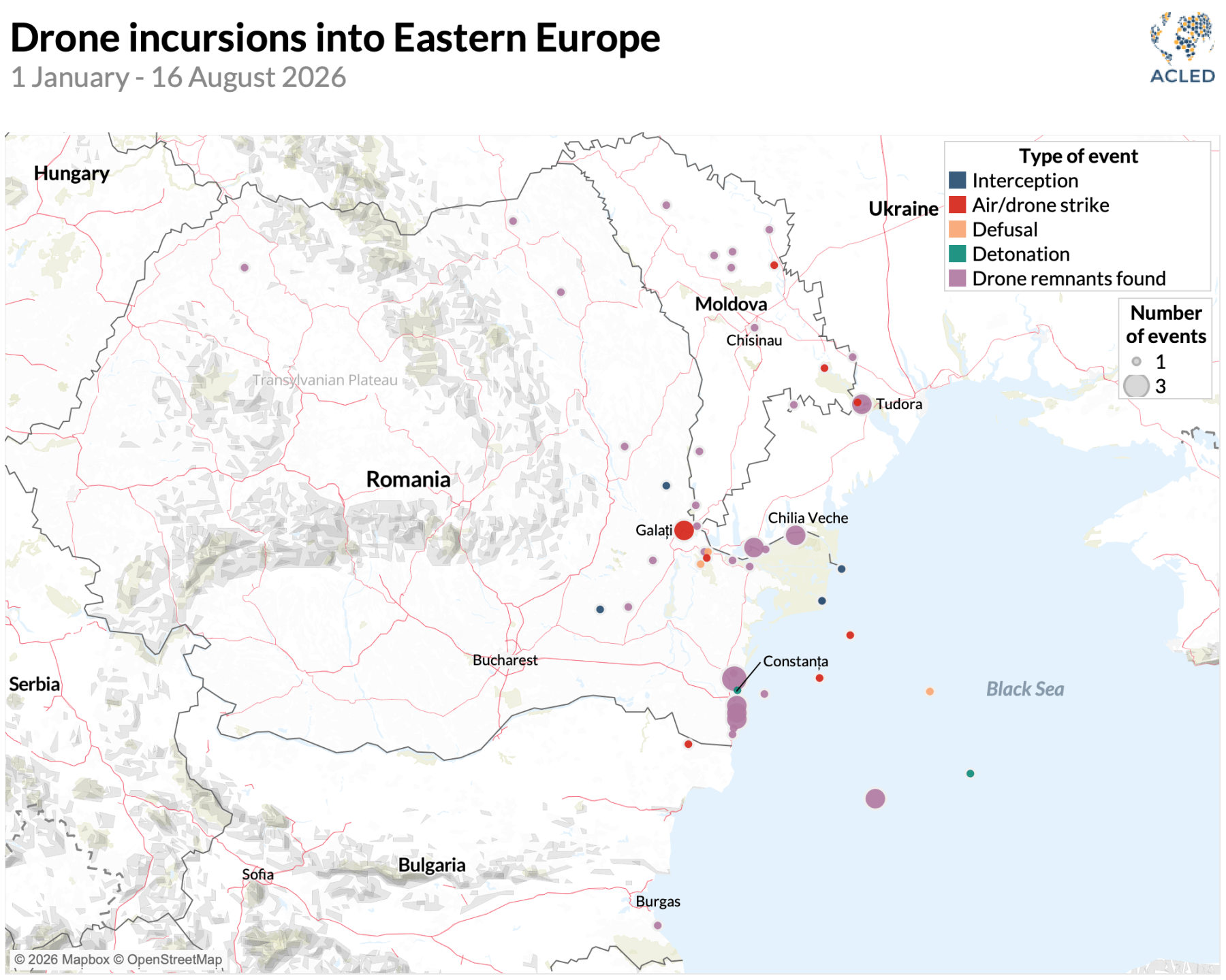 Map showing drone incursion events across Eastern Europe, January-August 2026