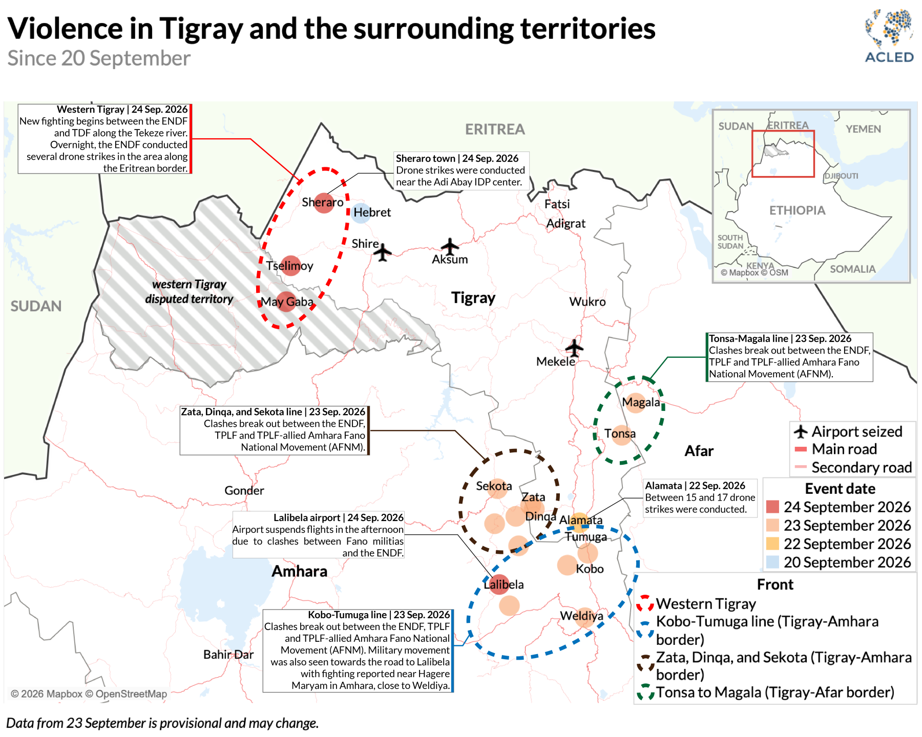 A map of the new fronts emerging in Ethiopia