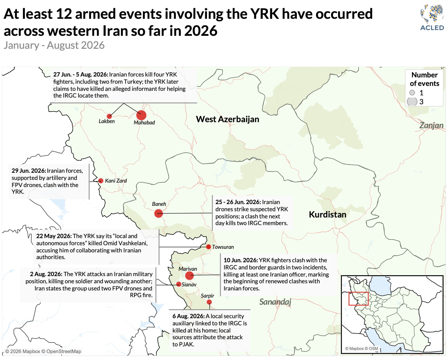 Map - At least 12 armed events involving the YRK have occurred across western Iran so far in 2026 January - August 2026