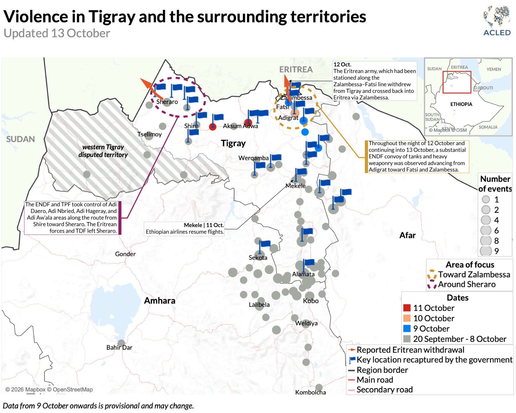 Map - Violence in Tigray and the surrounding territories Updated 13 October