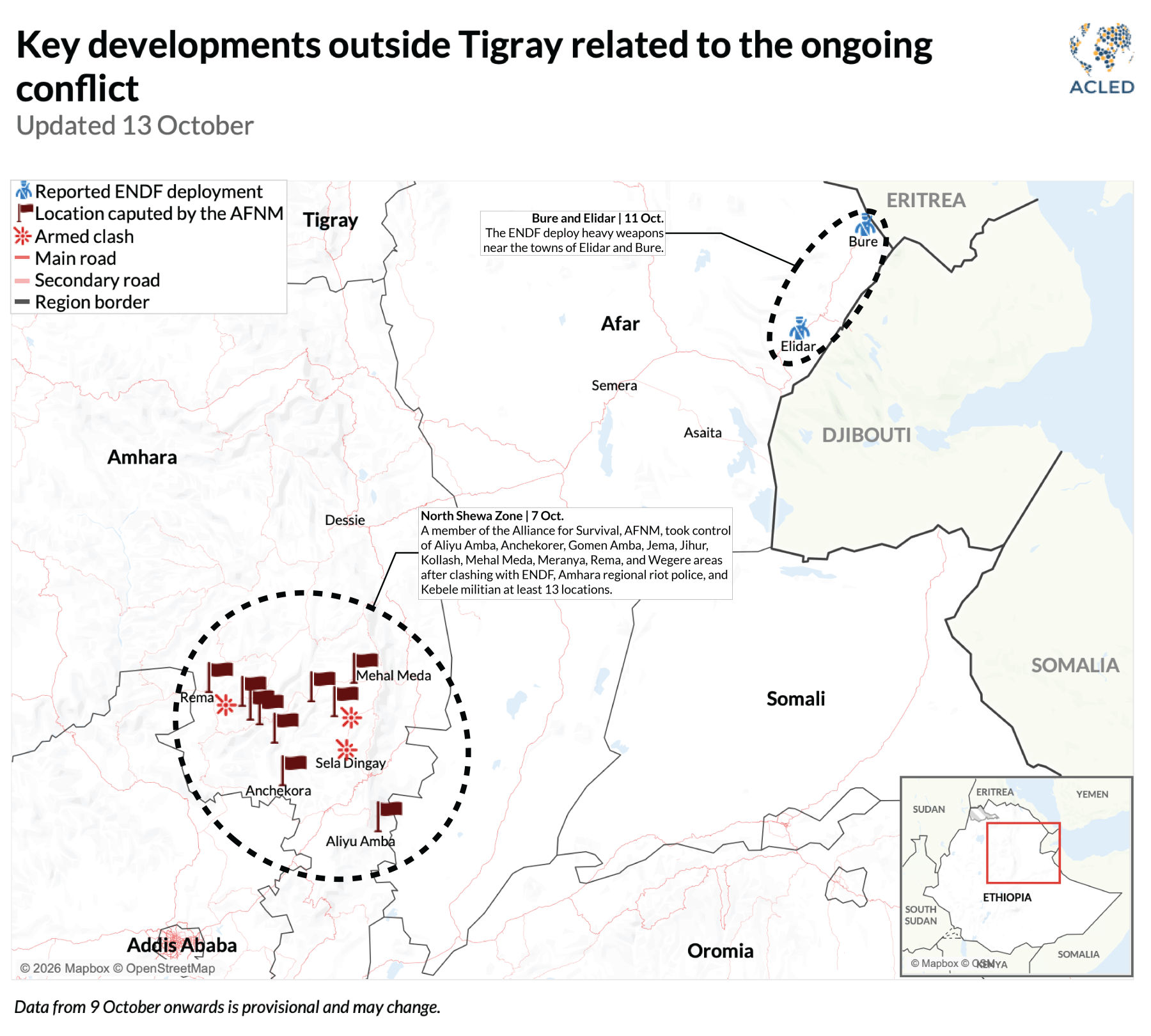 Map - Key developments outside Tigray related to the ongoing conflict Updated 13 October