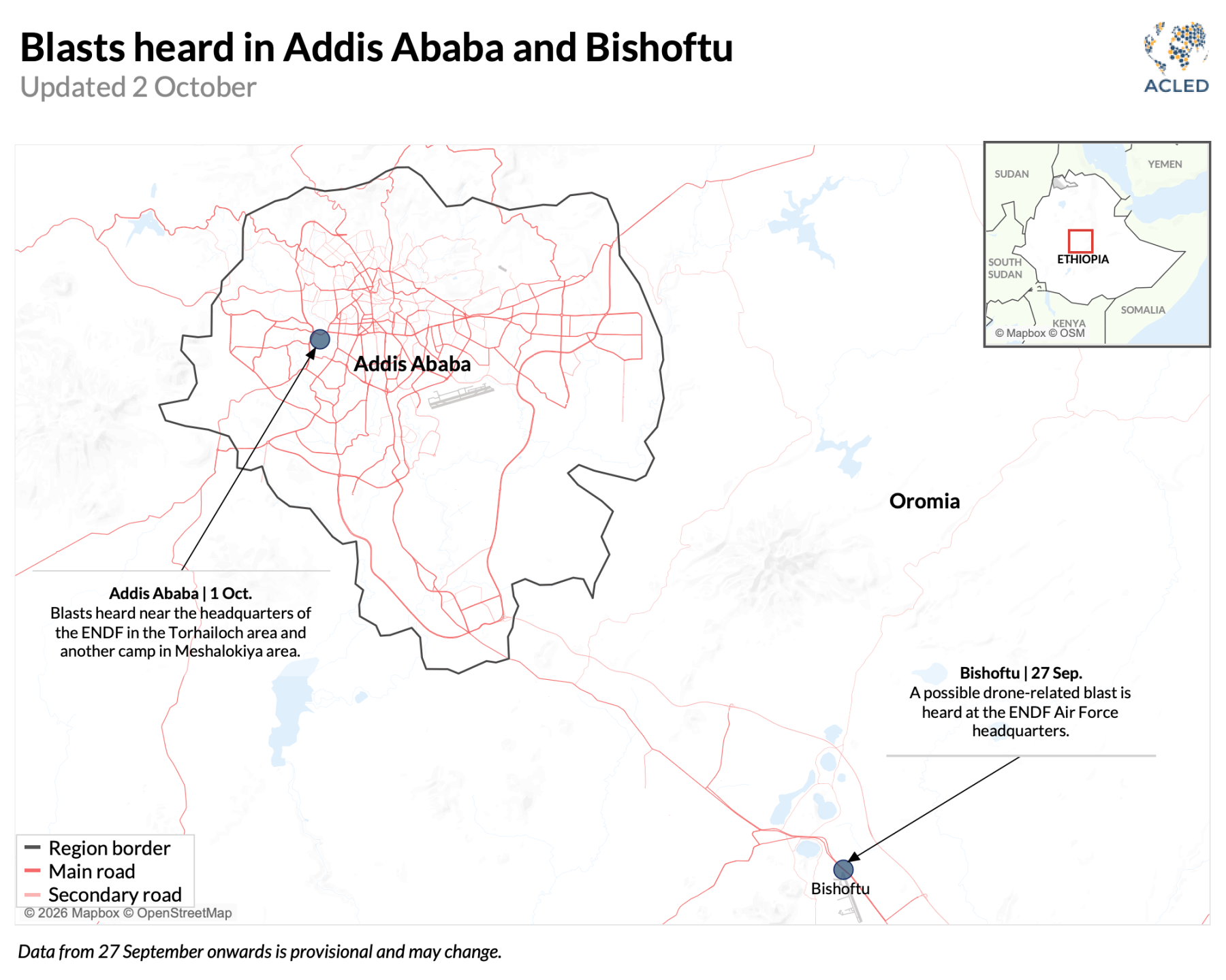 Map - Blasts heard in Addis Ababa and Bishoftu Updated 2 October